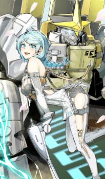 1girl 1other absurdres ahoge aqua_eyes aqua_hair blush bodysuit braid breasts clothing_cutout feet_out_of_frame flower_hairpin gloves highres humanoid_robot long_hair looking_at_viewer medium_breasts mole mole_on_arm nikomi_purin open_mouth robot see-through_bodysuit see-through_clothes seed_(zenless_zone_zero) seed_sr. smile thigh_cutout white_bodysuit white_gloves zenless_zone_zero