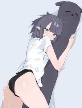 1girl ass black_panties commentary grey_eyes grey_hair highres hololive hololive_english hugging_object looking_at_viewer lying ninomae_ina'nis on_stomach panties pillow pillow_hug pointy_ears shirt sio4_4 slit_pupils solo takodachi_(ninomae_ina'nis) tentacle_hair underwear virtual_youtuber white_shirt