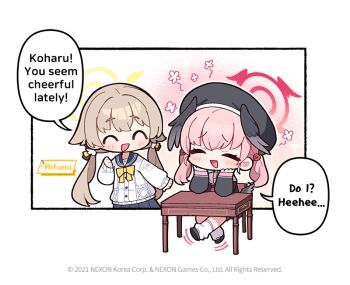 Rule 34 | 2girls, ^ ^, beret, black hat, black shoes, black wings, blue archive, blue sailor collar, blue skirt, blush, brown hair, chair, character name, chibi, chibi only, closed eyes, commentary, desk, donmin h, english commentary, english text, flower symbol, hair ornament, halo, hands up, hat, head wings, hifumi (blue archive), koharu (blue archive), long hair, long sleeves, low wings, motion lines, multiple girls, official art, open mouth, pink hair, pleated skirt, sailor collar, school desk, shirt, shoes, sitting, skirt, smile, speech bubble, twintails, wings