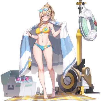 1girl anklet aqua-tinted_eyewear aqua_bikini aqua_eyes aqua_nails armband artist_request bare_legs barefoot bikini blanket blonde_hair blunt_bangs blush bracelet can closed_mouth cooler drink_can earrings embarrassed eyewear_on_head final_gear floral_print floral_print_bikini front-tie_bikini_top front-tie_top full_body hair_ornament hair_tie hairclip half_updo high_ponytail highres hip_bones ice innertube jewelry knees long_hair machinery margaret_(final_gear) multicolored_bikini nail_polish navel necklace official_art pendant plaid_blanket ponytail print_bikini sandals side-tie_bikini_bottom simple_background single_sidelock soda_can solo standing sunglasses swim_ring swimsuit tachi-e third-party_source tinted_eyewear toenail_polish toenails towel transparent_background two-tone_bikini yellow_bikini