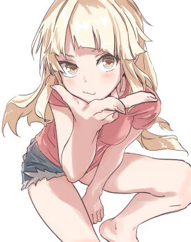 Rule 34 | 1girl, bang dream!, bang dream! girls band party!, between legs, blonde hair, blue shorts, blush, breasts, closed mouth, commentary, hand between legs, highres, invisible chair, looking at viewer, medium breasts, pink shirt, shirt, short shorts, short sleeves, shorts, simple background, sitting, smile, solo, tsurumaki kokoro, white background, yellow eyes, yukitake (bullfalk)