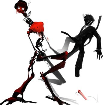 1boy 1girl black_suit body_horror c'venash_vishneri cyborg formal_clothes gears highres horror_(theme) joints king_of_mercury_(psychopomp) kk07 mechabare nude psychopomp_(game) psychopomp_(helmet) robot robot_girl robot_joints suit wire