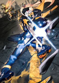 Rule 34 | 1girl, absurdres, ass, black gloves, black pants, blindfold mask, blonde hair, breasts, camouflage, commentary, covered eyes, fingerless gloves, gloves, hair ornament, highres, holding, jacket, large breasts, long hair, mask, navel, pants, ponytail, setora q, soldier 11 (zenless zone zero), solo, symbol-only commentary, trigger (zenless zone zero), zenless zone zero