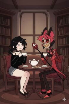 alastor_(hazbin_hotel) ashley_graves coffee crossover demon hazbin_hotel hellaverse leyley non-web_source the_coffin_of_andy_and_leyley