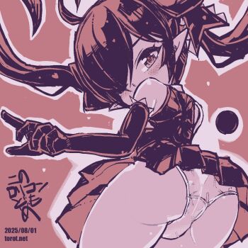 1girl ahoge ass backbeako_(torotei) backbeard bare_shoulders blush commentary dated dated_commentary dress elbow_gloves from_behind gegege_no_kitarou gloves hair_over_one_eye hair_ribbon kono_lolicon_domome long_hair looking_at_viewer looking_back monochrome one_eye_closed original paid_reward_available panties pantyshot pink_background pink_theme pointing pointing_to_the_side pointy_ears ribbon simple_background sleeveless sleeveless_dress solo torotei translated twintails underwear very_long_hair watermark web_address