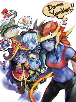 1boy 4girls :< :o anger_vein animal_ears armband armor backbeard blue_eyes blue_hair blue_skin blush boots breasts censored chibi chibi_inset cleavage closed_eyes colored_skin dragon_ball dragonball_z english_text fairy fang final_form_frieza frieza frown gegege_no_kitarou goggles goggles_on_head goggles_on_headwear green_eyes hat helmet highres censored_identity kono_lolicon_domome league_of_legends long_hair lulu_(league_of_legends) mario mario_(series) medium_breasts midriff multiple_girls navel nintendo pants petite phantom_ix_row pix_(league_of_legends) poppy_(league_of_legends) purple_hair purple_skin red_eyes shield shyvana signature silver_hair smile sparkling_eyes speech_bubble sports_bra super_mario_bros._1 super_mushroom sweatdrop teemo tristana_(league_of_legends) witch_hat yordle