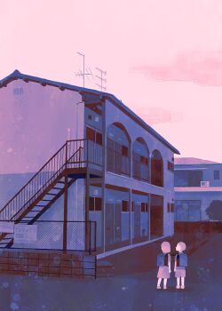 1boy 1girl backpack bag brick_wall building child cloud commentary fence morning mymmeli22 original pastel_colors pink_sky scenery school_uniform short_hair sky stairs standing tree
