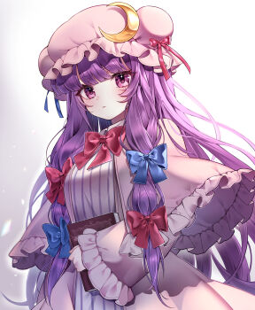 Rule 34 | 1girl, absurdres, blue bow, blunt bangs, book, bow, bowtie, bun cover, capelet, commentary, crescent, crescent hat ornament, dress, frilled capelet, frilled sleeves, frills, gloves, hair bow, hat, hat ornament, highres, holding, holding book, long hair, long sleeves, looking at viewer, low-tied sidelocks, mob cap, patchouli knowledge, pink capelet, pink hat, pink robe, purple eyes, purple hair, red bow, red bowtie, robe, samon (vxxr8575), sidelocks, solo, striped clothes, striped dress, symbol-only commentary, touhou, upper body, vertical-striped clothes, vertical-striped dress, white background, white gloves, wide sleeves
