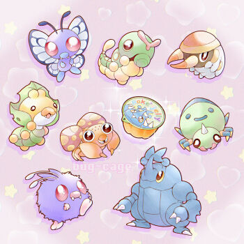 antennae brown_eyes bug bug-cage butterfree caterpie claws colored_sclera fangs food full_body gelatin gen_1_pokemon gen_2_pokemon gen_5_pokemon gen_7_pokemon grubbin heart heracross highres horns nintendo no_humans open_mouth paras pink_eyes pokemon pokemon_(creature) sewaddle single_horn spinarak star_(symbol) venonat yellow_sclera