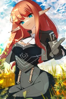 1girl armor ascot black_capelet black_gloves blue_eyes blue_sky breastplate breasts capelet closed_mouth cloud commentary_request day floating_hair gloves highres hulkenberg_(metaphor:_refantazio) lips long_hair looking_at_viewer medium_breasts metaphor:_refantazio outdoors pink_lips pointing pointing_at_viewer pointy_ears red_hair sitting sky smile solo white_ascot zer00han