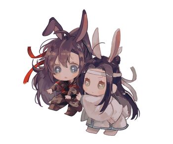 2boys :o ahoge amana_raika animal_ears black_boots black_hair black_hanfu blue_eyes boots brown_hair carrying carrying_person chibi chibi_only chinese_clothes closed_mouth couple full_body hair_ribbon hand_on_another&#039;s_waist hanfu headband highres kemonomimi_mode lan_wangji long_hair long_sleeves looking_at_another male_focus modao_zushi multiple_boys open_mouth parted_lips ponytail rabbit_boy rabbit_ears rabbit_tail red_ribbon red_sash ribbon robe sash simple_background tail topknot transparent_background wei_wuxian white_background white_boots white_hanfu white_headband wide_sleeves xiao_guan_(headdress) yaoi yellow_eyes