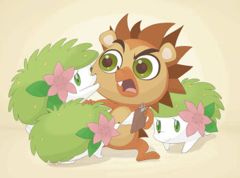 1boy 1other angry clipboard commentary dumbmoredumb flower gen_4_pokemon grass green_eyes green_fur hedgehog hedgehog_boy holding holding_back holding_clipboard legendary_pokemon littlest_pet_shop littlest_pet_shop_(2012) mythical_pokemon nintendo orange_fur paper pink_flower pokemon pokemon_(creature) pushing_away russell_ferguson shaymin shaymin_(land) species_connection yellow_background