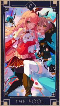 2girls :d absurdres arcaea ayu_(arcaea) black_boots black_hairband black_pantyhose black_shirt blue_bow blunt_bangs boots bow bow_hairband braid breasts brown_hair cake cake_slice card_(medium) closed_mouth cloud commentary_request cookie detached_sleeves food frilled_sleeves frills full_body hair_between_eyes hairband half_up_braid highres holding holding_stuffed_toy kou_(arcaea) lace-up_boots long_hair looking_at_viewer medium_breasts multiple_girls one_eye_closed open_mouth pantyhose pia_nano pink_hair pleated_skirt red_skirt red_sleeves shirt shorts skirt sky smile stuffed_toy tarot tarot_(medium) teeth the_fool_(tarot) thigh_boots thighhighs two-tone_shirt upper_teeth_only very_long_hair very_long_sleeves white_shirt white_shorts white_thighhighs yellow_eyes