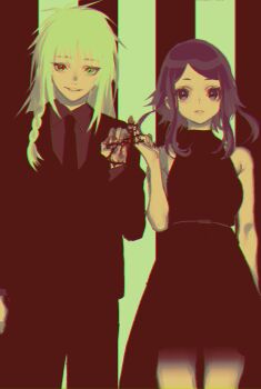 1boy 1girl armpit_crease bad_id bad_twitter_id black_dress black_jacket black_necktie bleeding blending blood blue_eyes blue_hair bound bound_together bound_wrists braid chromatic_aberration cowboy_shot dress formal_clothes green_eyes hand_up heterochromia highres image_sample inactive_account jacket king_of_prism long_hair long_sleeves looking_at_viewer necktie open_mouth pinky_out pinky_swear plant pretty_rhythm pretty_series red_eyes rinne_(pretty_rhythm) shine_(pretty_series) short_hair side_braid sleeveless sleeveless_dress smile standing suit thorns twitter_sample vines white_hair zashima