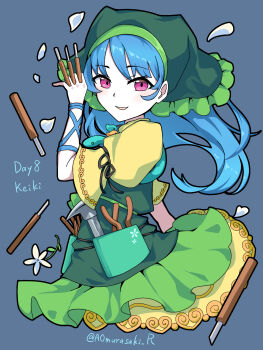 Rule 34 | 1girl, aomurasaki r, apron, between fingers, black ribbon, blue background, blue hair, blush, character name, check commentary, commentary request, dress, green apron, green headscarf, haniyasushin keiki, headscarf, highres, holding, jewelry, long hair, looking at viewer, magatama, magatama necklace, necklace, open mouth, purple eyes, ribbon, sleeve ribbon, solo, tool request, tools, touhou, twitter username, yellow dress