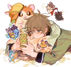 Rule 34 | 1boy, animalization, baseball cap, blue eyes, blush, brown hair, character request, ensemble stars!, green shirt, hamtaro (series), hat, long sleeves, notice lines, pillow, sapphire (nine), shirt, simple background, towel, towel around neck, white background, yellow hat