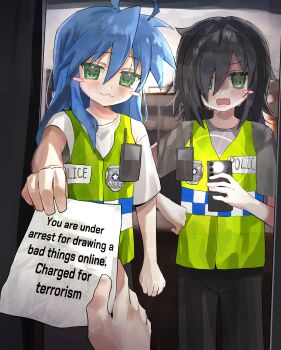 1other 2girls :3 absurdres ahoge black_hair blue_hair blush_stickers cellphone commentary crossover english_commentary english_text green_eyes green_vest hair_between_eyes hair_over_one_eye highres holding holding_paper holding_phone izumi_konata kagana_helsuki kuroki_tomoko lucky_star multiple_girls open_mouth paper phone police_badge pov pov_hands smartphone sweat vest walkie-talkie watashi_ga_motenai_no_wa_dou_kangaetemo_omaera_ga_warui!