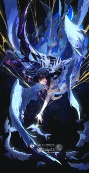Rule 34 | 1girl, bird, black hair, calpi15, chinese commentary, closed eyes, columbina (genshin impact), commentary request, dove, dress, eye mask, falling, genshin impact, hair ornament, head wings, highres, long hair, mask, multicolored hair, multiple wings, outstretched arm, pigeon, purple hair, ribbon, see-through clothes, see-through mask, sky, smile, solo, star (sky), starry sky, twitter username, two-tone hair, white dress, white mask, white wings, wings, wrist bow, wrist ribbon