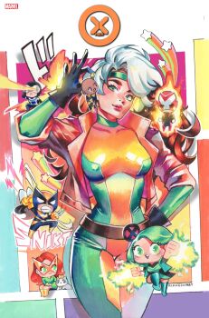 3boys 4girls anna_marie_lebeau artist_name belt black_gloves blank_eyes bodysuit boots breasts chibi comic_cover copyright_name cowboy_shot cyclops_(x-men) domino_mask eye_beam eye_mask gloves green_bodysuit green_eyes green_footwear green_hair hand_on_own_hip highres jacket jean_grey lorna_dane marvel marvel_girl mask medium_breasts multiple_boys multiple_girls narrow_waist no_pupils official_art open_clothes open_jacket petting polaris_(x-men) red_hair rian_gonzales rogue_(x-men) scott_summers shiro_yoshida solo_focus sound_effects sunfire_(x-men) superhero_costume thigh_gap white_eyes white_hair wolverine_(x-men) x-men yellow_bodysuit yellow_boots