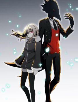Rule 34 | 1boy, 1girl, animal head, bird boy, black coat, black jacket, black necktie, black pantyhose, black skin, black suit, blonde hair, caron (higyaku no noel), coat, colored skin, cross pin, demon boy, eyepatch, formal clothes, highres, higyaku no noel, jacket, long hair, nanoko, necktie, noel cerquetti, pantyhose, red eyes, shorts, suit, vest, winter clothes, winter coat