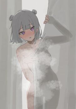 1girl :o absurdres cevio completely_nude covering_privates double_bun grey_hair hair_bun highres koharu_rikka looking_at_viewer narukami_numari nude nude_cover parted_lips purple_eyes short_hair solo standing steam
