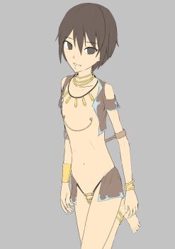1boy aliasing anklet arms_at_sides bare_shoulders bdsm bishounen bondage bound bound_arms bracelet brown_eyes brown_hair chain chastity_cage chastity_cage_strap chinese_commentary clothing_cutout clothing_request commentary_request cowboy_shot cropped_jacket cuffs flat_color foot_up_heel_up gold_anklet gold_bra gold_chastity_cage grey_background grey_trim hakuyagen_(yoronbi) jacket jewelry looking_at_viewer male_focus multiple_anklets multiple_bracelets navel neck_ring necklace nipple_chain nipple_piercing nipple_rings nipples no_pupils open_clothes open_jacket open_mouth original piercing revealing_chastity_cage revealing_clothes ring_piercing short_sleeves shoulder_cutout simple_background slave smile solo standing unfinished walking
