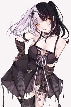 1girl :q absurdres alternate_hairstyle bare_shoulders black_arm_warmers black_choker black_dress black_hair black_nails black_thighhighs breasts choker cleavage commentary cowboy_shot dress fingernails grey_hair hair_ornament highres hololive hololive_english large_breasts licking_lips long_hair looking_at_viewer multicolored_hair nail_polish rosheil shiori_novella shiori_novella_(1st_costume) simple_background single_thighhigh smile solo split-color_hair striped_arm_warmers thighhighs tongue tongue_out two-tone_hair two_side_up virtual_youtuber white_background yellow_eyes