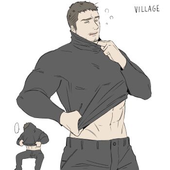 Rule 34 | ..., 1boy, abs, beard, black hair, black pants, black shirt, chris redfield, closed eyes, commentary request, facial hair, highres, male focus, pants, resident evil, resident evil village, shirt, simple background, sitting, t (t345678912), village, white background