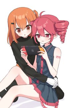 2girls a.i._voice absurdres adachi_rei ahoge belt black_skirt black_sweater drill_hair gloves highres holding kasane_teto kasane_teto_(utau) miniskirt multiple_girls nintendo_switch one_side_up open_mouth orange_belt orange_eyes orange_hair pleated_skirt red_eyes red_hair red_trim shirai_sahuni shirt simple_background skirt sleeveless sleeveless_shirt sweater turtleneck turtleneck_sweater twin_drills utau white_gloves yuri