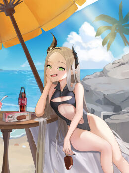 1girl absurdres bare_shoulders beach black_horns black_nails black_one-piece_swimsuit breasts coca-cola commentary_request eating fangs food forehead goddess_of_victory:_nikke green_eyes grey_hair highres horns ice_cream leviathan_(nikke) long_hair looking_at_viewer mesugaki ocean one-piece_swimsuit open_mouth piercing pointy_ears sitting small_breasts solo_soda swimsuit thick_thighs thighs tongue tongue_out tongue_piercing under_umbrella