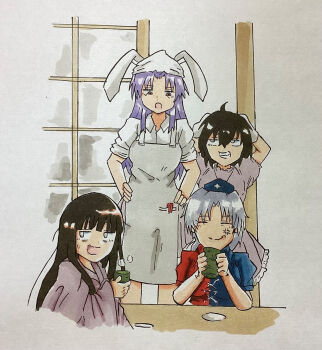 Rule 34 | 4girls, anger vein, angry, animal ears, apron, arms up, blue dress, brown hair, closed mouth, commentary request, cup, dress, grey apron, grin, hair between eyes, hat, headscarf, highres, holding, holding cup, houraisan kaguya, inaba tewi, kasuokasuto, multiple girls, nurse cap, open mouth, pink dress, puffy short sleeves, puffy sleeves, purple hair, rabbit ears, rabbit girl, red dress, reisen udongein inaba, short sleeves, smile, touhou, traditional media, two-tone dress, white headscarf, yagokoro eirin