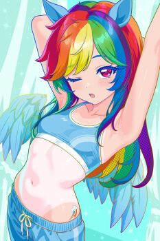 1girl absurdres animal_ears armpits arms_up blonde_hair blue_hair blue_shorts blue_sports_bra blue_wings breasts collarbone commentary drawstring english_commentary feathered_wings finn_flint green_hair highres horse_ears horse_girl long_hair looking_at_viewer multicolored_hair my_little_pony my_little_pony:_friendship_is_magic navel one-piece_tan one_eye_closed open_mouth orange_hair pegasus purple_eyes purple_hair rainbow_dash rainbow_hair red_hair shorts small_breasts solo sports_bra tan tanline underwear wings