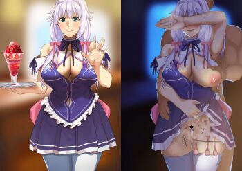 1boy 1girl absurdres aftersex arm_up armpits bar_censor bare_shoulders before_and_after black_bean blue_eyes blue_shirt blue_skirt blue_thighhighs blurry blurry_background blush body_writing bow breasts censored cleavage cleavage_cutout closed_mouth clothes_lift clothing_cutout commentary_request condom condom_belt covering_own_eyes cum cum_overflow food frills grabbing_another's_breast groping hand_up highres holding holding_tray jewelry looking_at_viewer low_tied_hair multi_panel multiple_condoms nipples nude one_breast_out original parfait pink_bow pleated_skirt pussy ring shirt skirt skirt_lift sleeveless sleeveless_shirt smile split_screen standing sweat thigh_strap thighhighs tray used_condom white_hair