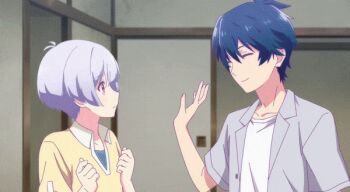 1boy 1girl animated animated_gif ass black_hair blush closed_eyes denim denim_shorts gif_artifacts irina_ilukhina kashiwagi_asahi red_eyes renai_flops reverse_trap screencap shirt short_hair shorts spanked spanking white_hair white_shirt yellow_shirt