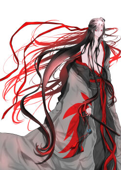 1boy absurdres ahoge bare_pectorals bare_shoulders bishounen black_hair black_hanfu branded chenqing_flute chinese_clothes closed_mouth coat collarbone dizi floating_hair flute flute_tassel full_body grey_coat hair_between_eyes hair_down hair_ribbon half_updo hanfu highres holding holding_flute holding_instrument instrument long_hair long_sleeves looking_at_viewer male_focus modao_zushi naruse_(kmk648) off_shoulder official_alternate_costume official_alternate_hairstyle open_clothes open_coat open_robe pectorals red_eyes red_light red_ribbon red_sash ribbon robe sash scar scar_on_chest sidelocks simple_background single_bare_shoulder solo standing tassel transverse_flute very_long_hair wei_wuxian wei_wuxian_(yiling_laozu) white_background wide_sleeves