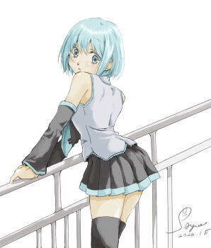 Rule 34 | 1girl, against railing, alternate hair length, alternate hairstyle, aqua eyes, aqua hair, black skirt, black thighhighs, bob cut, commentary request, dated, detached sleeves, eyelashes, grey shirt, hatsune miku, highres, looking back, railing, shirt, short hair, signature, skirt, solo, t a k a t o, thighhighs, vocaloid