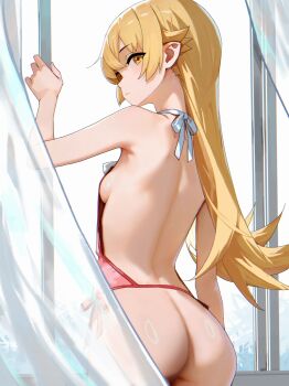 1girl absurdres apron arm_up ass backless_outfit bare_arms bare_back bare_legs bare_shoulders blonde_hair blush bottomless bow breasts chinese_clothes convenient_censoring curtains day dimples_of_venus dudou female_focus from_behind frown fuujin_(windust_michio) gluteal_fold halterneck highres huge_filesize indoors loli long_hair looking_at_viewer looking_back matching_hair/eyes median_furrow monogatari_(series) naked_apron oshino_shinobu pink_apron pointy_ears red_shirt shiny_skin shirt sideboob small_breasts solo tareme upper_body window yellow_eyes