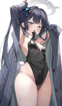1girl armpits arms_up bare_shoulders black_hair black_leotard blue_archive blush bow bowtie breasts butterfly_hair_ornament coat double_bun fake_tail grey_coat grey_eyes hair_bun hair_ornament halo highleg highleg_leotard highres kisaki_(blue_archive) leotard loli long_hair long_sleeves looking_at_viewer mouth_hold off_shoulder pinstripe_pattern rabbit_tail renka_(renkas) small_breasts solo tail thighs twintails