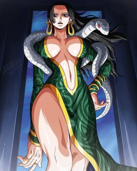 1girl alternate_costume boa_hancock breasts cleavage_cutout clothing_cutout curvy dress female_focus gold highres large_breasts looking_at_viewer looking_down midriff navel one_piece ornament snake solo thick_thighs thighs threatening