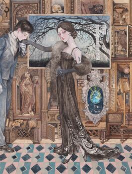 Rule 34 | 1boy, 1other, arm tattoo, babyloncafe, bare tree, bird, black dress, black hair, blazer, cabinet, character request, closed eyes, collared shirt, commentary request, dress, earrings, elbow gloves, folding fan, formal clothes, french text, from side, full body, fur shawl, gender request, gloves, grey eyes, hair bun, hand fan, hand grab, hand up, high heels, highres, jacket, jewelry, kiss, kissing hand, kurotokage (novel), lace, lattice, light frown, lips, lizard, long dress, looking at viewer, male focus, mishima yukio, necktie, owl, painting (object), pants, parted bangs, profile, ring, shawl, shirt, short hair, skeleton, skull, sleeveless, sleeveless dress, statue, suit, tattoo, tile floor, tiles, translation request, tree, very low bun, vest