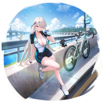 1girl against_railing arm_support bicycle bike_shorts biker_clothes bird blonde_hair blue_eyes blue_sky bottle breasts bridge center_opening chipy cityscape cleavage cloud collarbone copyright_name cup day dot_nose drinking_glass drinking_straw ferris_wheel flower full_body full_cleavage game_asset hair_flower hair_ornament hair_over_one_eye highres holding holding_bottle holding_cup large_breasts leaning_on_wall legs long_hair looking_at_viewer non-web_source official_alternate_costume open_clothes open_shirt outdoors parted_lips poker_fate railing seagull self-datamine shiraishi_irina shiraishi_irina_(sea_breeze_caress) shoes short_sleeves sidewalk sky smartwatch sneakers sunlight sweat very_sweaty watch water_bottle white_shoes wristwatch zipper