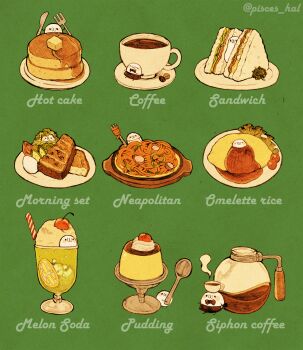:3 blush_stickers bow bowtie bread bread_slice breakfast butter cherry coffee coffee_beans coffee_pot cream creature cup cup_on_head disposable_cup drinking_glass drinking_straw egg egg_(food) english_text food food_focus food_stand fork fruit haru_(pisces_hal) highres holding holding_fork holding_spoon ice ice_cream ice_cream_float ice_cube in_container in_cup in_food ketchup lemon lemon_slice lettuce melon_soda no_humans noodles o_o omelet omurice on_food original pancake pasta plate pudding sandwich spoon steam syrup teacup toast tomato traditional_bowtie twitter_username