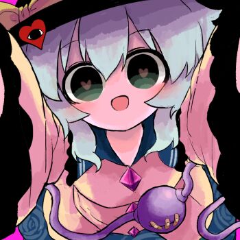 Rule 34 | 1girl, :d, bandaid, black eyes, black hat, bow, buttons, collared shirt, diamond button, floral print, frilled shirt collar, frilled sleeves, frills, green eyes, green hair, green skirt, hat, hat bow, heart, heart-shaped pupils, heripantomorrow, komeiji koishi, looking up, medium hair, open mouth, rose print, shirt, skirt, smile, solo, symbol-shaped pupils, third eye, touhou, yellow bow, yellow shirt