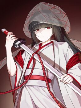 1girl black_hair bridal_veil closed_mouth goyo_46 gradient_background hashtag-only_commentary highres holding holding_sword holding_weapon hood japanese_clothes katana kimono limbus_company long_hair long_sleeves looking_at_viewer obi obijime project_moon red_background red_eyes red_rope red_sash rope ryoshu_(project_moon) sash see-through_clothes shiromuku simple_background solo sword uchikake veil wataboushi weapon white_kimono white_sash wide_sleeves