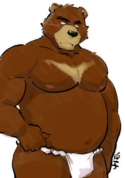 1boy animal_ears bara bare_pectorals bear_boy bear_ears belly biceps blush brown_fur closed_mouth commentary_request fat fat_man fundoshi furry furry_male highres japanese_clothes juuichi_mikazuki looking_to_the_side male_focus morenatsu muscular muscular_male nipples pectorals shirako_(kirupi) signature topless_male white_background