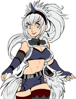 armor blue_hair breasts cleavage cleft_of_venus detached_sleeves fake_horns faulds fingerless_gloves fur_trim gloves headband highres horned_headwear horns kirin_(armor) long_hair midriff miniskirt monster_hunter_(series) navel ponytail side_slit skirt teevo thighhighs thighs white_hair