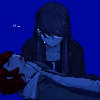 1boy 1girl absurdres black_hair blood blood_from_mouth blood_on_face blue_background breasts cleavage closed_eyes collar collarbone corpse crying earrings glasses highres holding_person jewelry red_hair shizuhara_hiruko simple_background sumino_takumi tears the_hundred_line_-last_defense_academy- upper_body