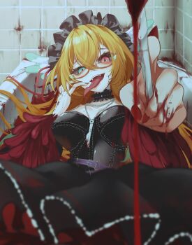 1girl artist_request bath bathroom blonde_hair blood blood_on_face breasts dress large_breasts long_tongue sharp_teeth smile source_request tagme teeth tongue