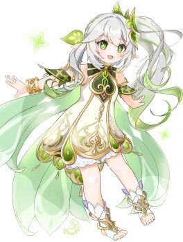 1girl :d absurdres bare_shoulders bloomers blush bracelet commentary dated detached_sleeves dress full_body genshin_impact gold_trim gradient_hair green_eyes green_hair green_sleeves hair_between_eyes hair_ornament highres jewelry leaf_hair_ornament long_hair multicolored_hair nahida_(genshin_impact) open_mouth pointy_ears riosnowleopard side_ponytail signature sleeveless sleeveless_dress smile solo star-shaped_pupils star_(symbol) stirrup_legwear symbol-shaped_pupils toeless_legwear toes underwear white_bloomers white_dress white_hair