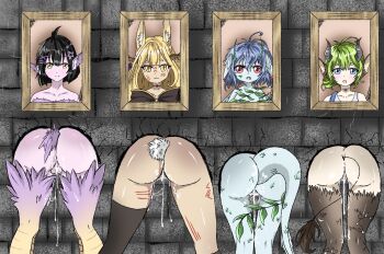 4girls after_rape after_vaginal aftersex bird_tail black_hair blonde_hair blue_eyes blue_hair cum cumdump cum_in_pussy cumdrip ears_down ears_up eliixar faun feathers female_focus fluffy green_hair hair_ornament hairclip harpy head_wings highres horns horse_tail large_tail loli mi_(eliixar) monster_girl multiple_girls orange_eyes plump public_use rabbit_ears rabbit_tail rape red_eyes stuck tail thighhighs through_wall wings yellow_eyes